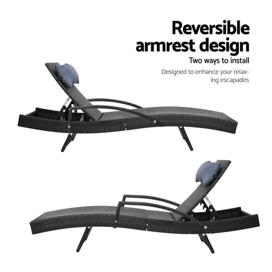 Dual-position wicker sun lounger showing reversible armrest design for enhanced relaxation outdoors.