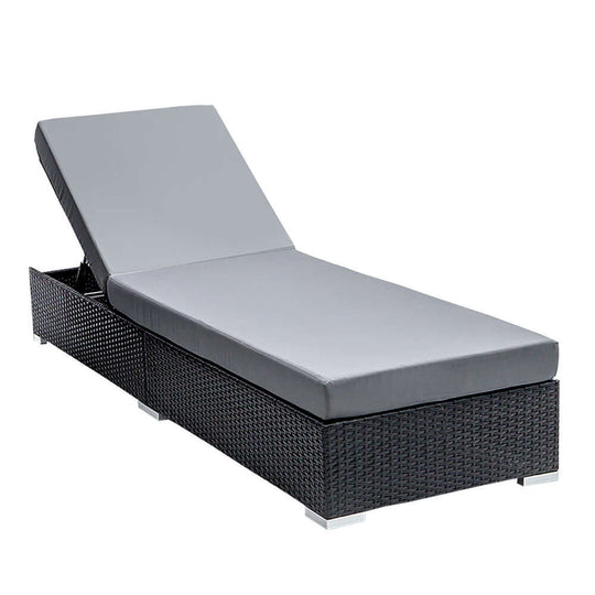 Affordable Gardeon sun lounge wicker lounger, adjustable outdoor furniture with gray cushion for relaxation.