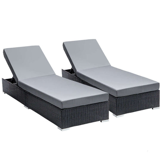 Gardeon 2PC sun lounge wicker loungers in grey for affordable outdoor relaxation and luxurious sunbathing.