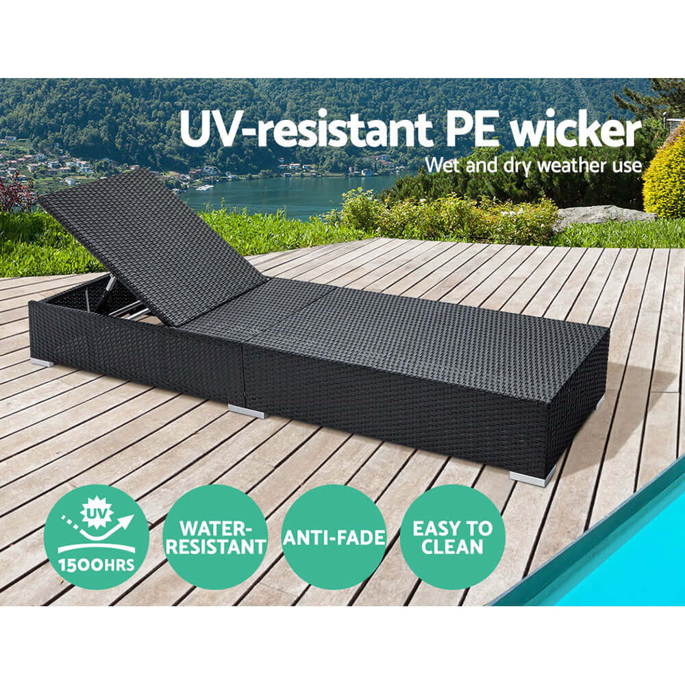 Gardeon UV-resistant PE wicker sun lounge on deck for outdoor relaxation and sunbathing, affordable garden furniture.