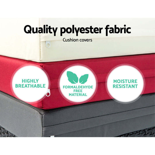 Quality polyester cushion covers highlighting breathability, formaldehyde-free material, and moisture resistance.