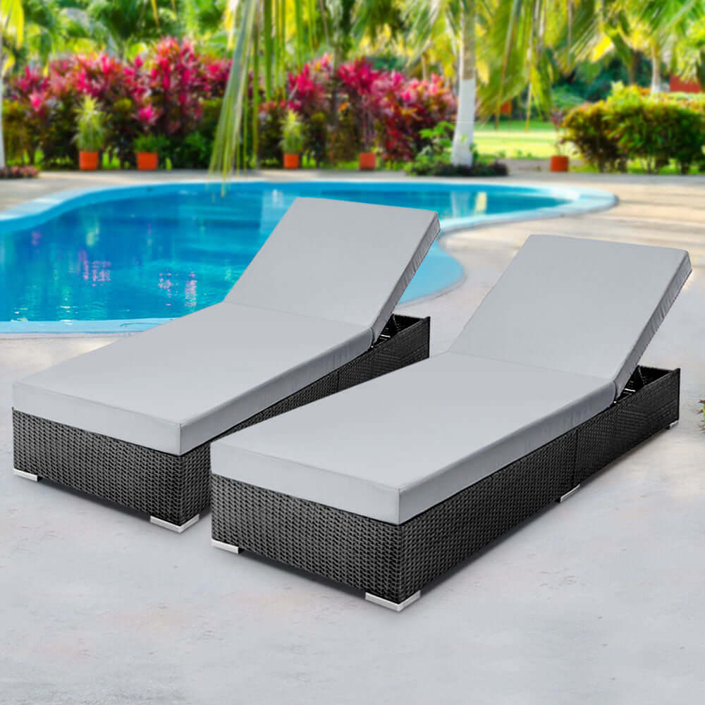 Gardeon 2PC sun lounge wicker loungers by pool, perfect for outdoor relaxation and sunbathing, affordable luxury furniture.