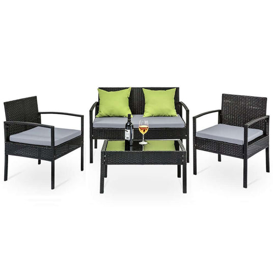 Affordable Gardeon outdoor wicker sofa set with cushions, table, and drinks for stylish patio lounge.