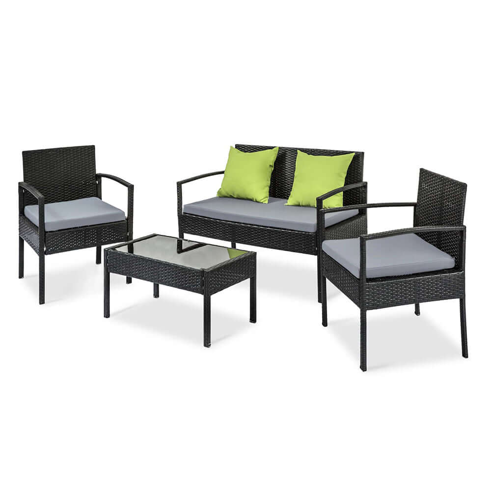 Affordable Gardeon 4-seater patio wicker sofa set with green cushions and glass table, perfect for outdoor lounging.