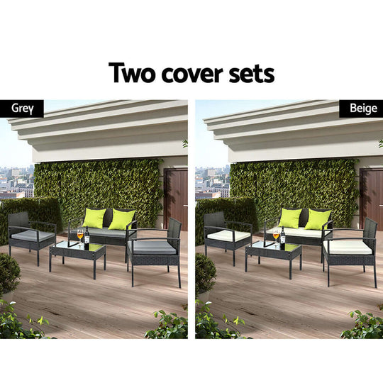 Gardeon outdoor sofa set with grey and beige covers, perfect for stylish patio furniture and affordable DIY upgrades.