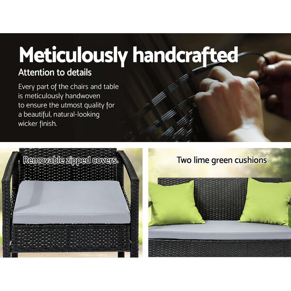 Meticulously handcrafted outdoor sofa set with removable zippers and lime green cushions for quality comfort.