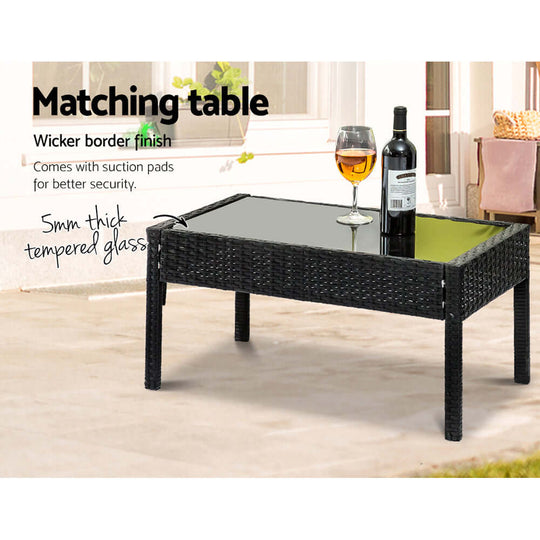 Affordable outdoor matching table with tempered glass top and wicker finish, perfect for patio furniture.