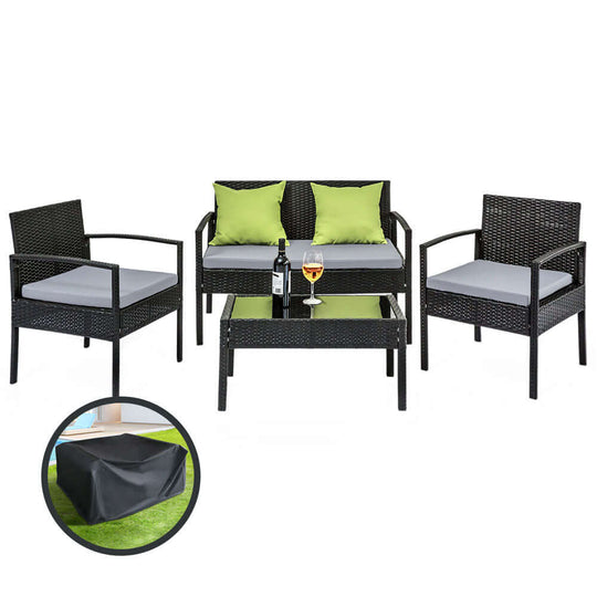 Affordable Gardeon outdoor sofa set with wicker lounge chairs, glass table, and storage cover for stylish backyard decor.