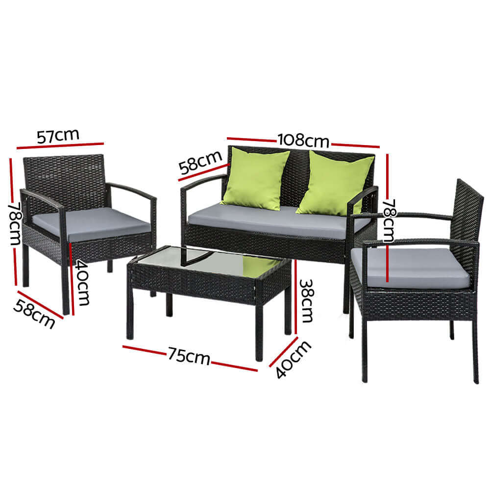 Gardeon Outdoor Sofa Set featuring aluminum frame, UV resistant PE wicker, and removable cushioned seats for relaxation.