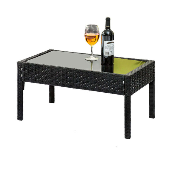 Affordable Gardeon outdoor wicker coffee table with tempered glass top, ideal for stylish backyard settings.