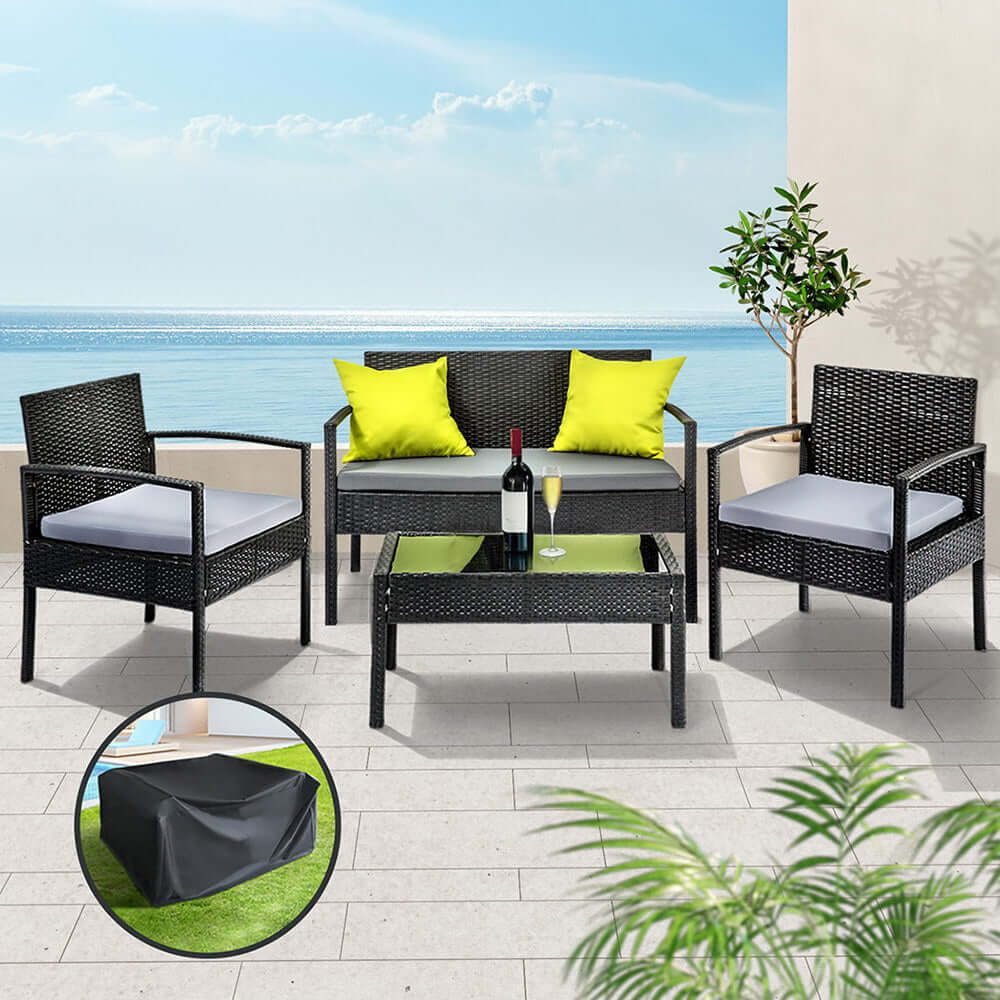 Gardeon Affordable Outdoor Sofa Set with Wicker Chairs, Glass Table, Cushions, and Storage Cover for Quality Patio Makeover.