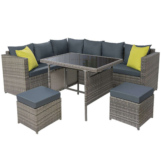 Gardeon outdoor dining set with grey wicker, glass table, and colorful cushions, perfect for affordable garden gatherings.