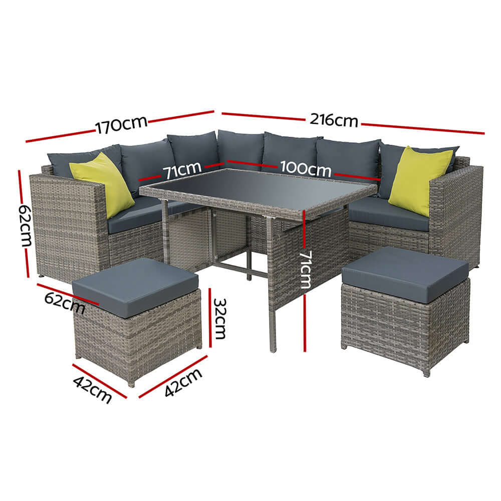 Gardeon outdoor dining set with measurements, featuring wicker gray finish, cushions, and ottoman seats for luxurious lounging.