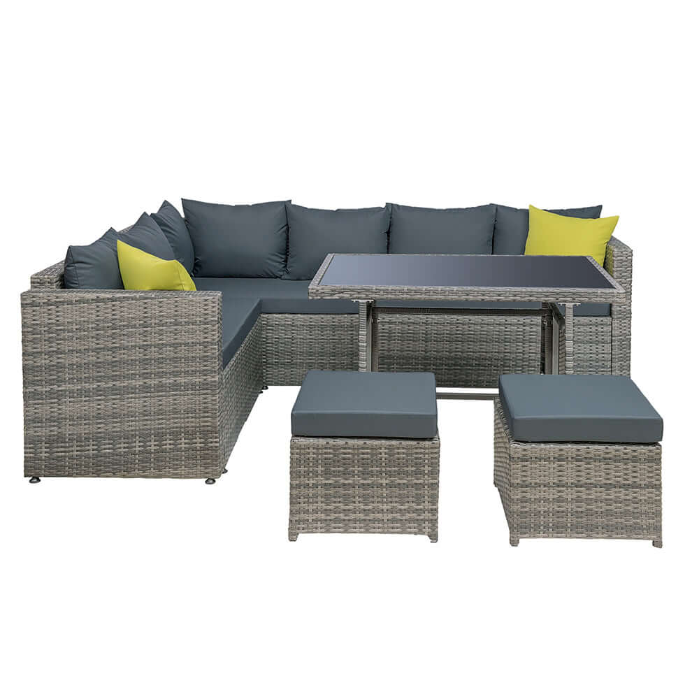 Gardeon affordable outdoor dining set with grey wicker, luxurious cushions, and modular design for garden parties.