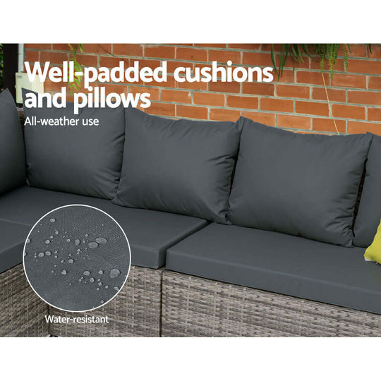 Gardeon outdoor dining set with water-resistant, well-padded cushions for all-weather comfort.