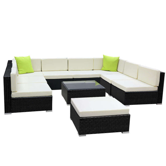 Gardeon affordable 10-piece outdoor sofa set, stylish wicker lounge, 9-seater with cushions, durable for any weather.