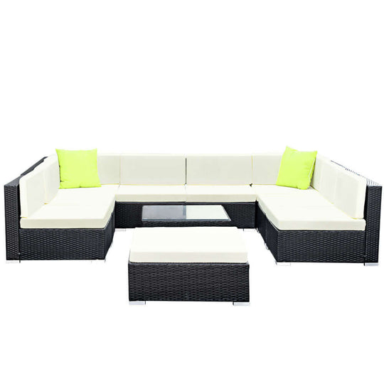 Gardeon 10-piece outdoor wicker sofa set in black and cream with green cushions, perfect for affordable luxury lounging.