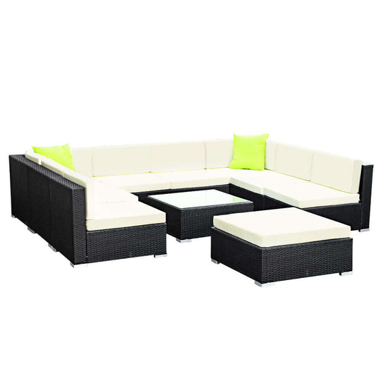 Gardeon 10-Piece Outdoor Sofa Set in black wicker with white cushions and green accents, perfect for stylish leisure settings.