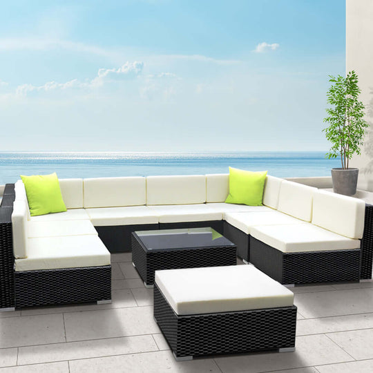 Gardeon 10-piece outdoor wicker sofa set with green cushions, perfect for luxury outdoor lounging.