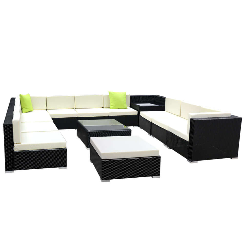 Gardeon 13-piece outdoor wicker sofa set with cream cushions and green accents, ideal for affordable luxury and outdoor relaxation.