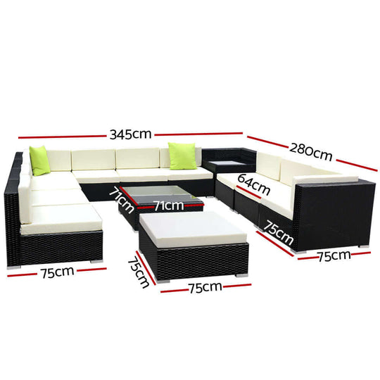 Gardeon 13-piece outdoor sofa set dimensions with cushions, emphasizing quality and affordability for stylish lounging.