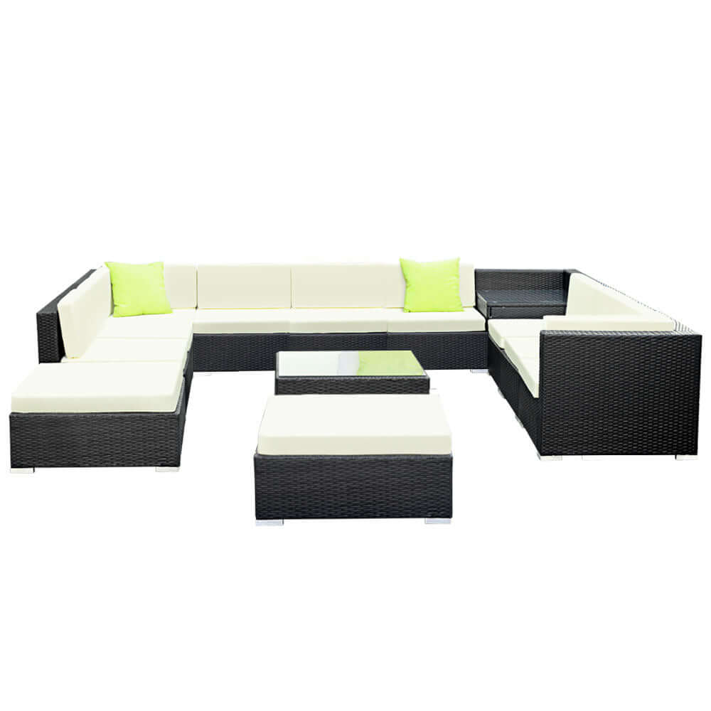 Gardeon 13-piece outdoor wicker sofa set with green cushions, affordable luxury for any patio or garden setting.