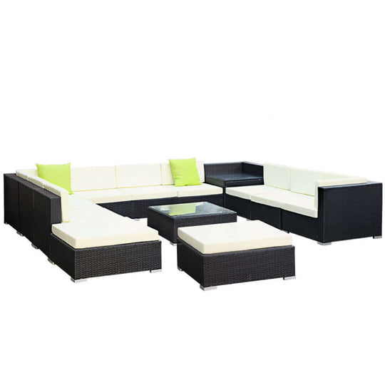 Gardeon 13-Piece Outdoor Sofa Set with white cushions and green accents, perfect for stylish and affordable outdoor lounging.