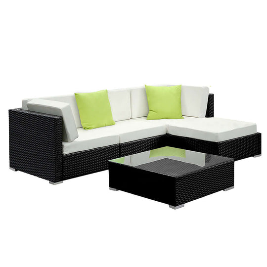 Gardeon 5-piece outdoor sofa set featuring durable wicker couch and tempered glass table, perfect for stylish and affordable lounging.