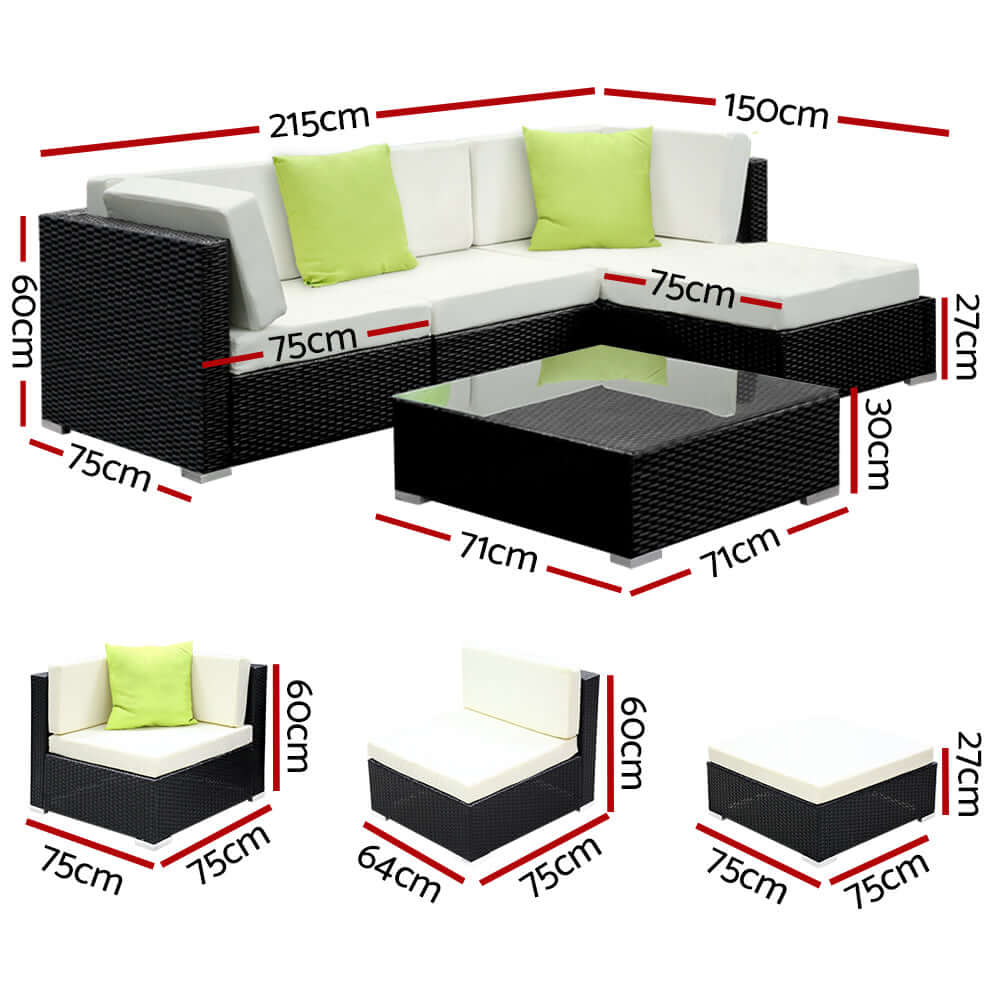 Gardeon 5-piece outdoor sofa set dimensions with cushions and glass top table, showcasing affordable luxury for all weather conditions.