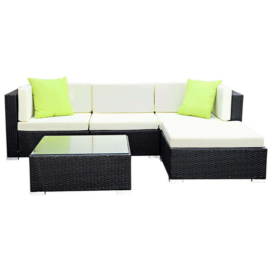 Gardeon 5-piece outdoor sofa set with green cushions and tempered glass table, affordable luxury for your patio.