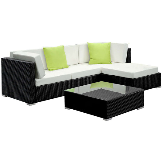 Gardeon 5-piece outdoor sofa set with green cushions, black wicker finish, and glass-top table, perfect for luxury outdoor lounging.