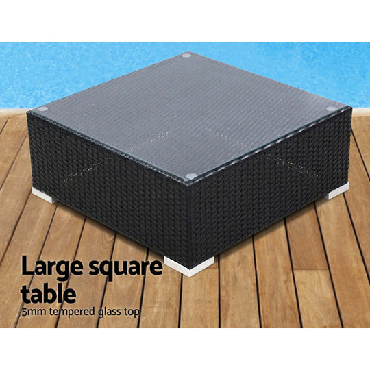 Gardeon large square table with 5mm tempered glass top, ideal for outdoor lounging and stylish gatherings.