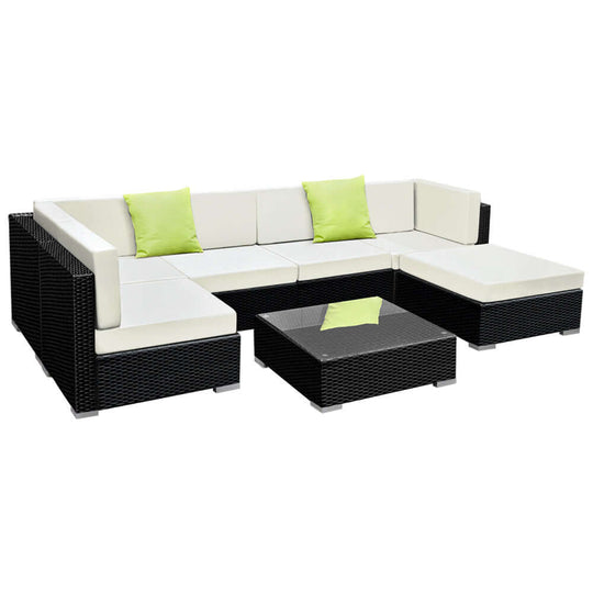 Affordable Gardeon 7-piece outdoor sofa set with wicker couch and glass top table, perfect for stylish and durable outdoor lounging.