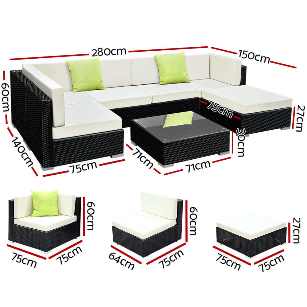 Gardeon 7-Piece Outdoor Sofa Set dimensions with Wicker Couch, lounge setting, and cushion details for DIY buyers.