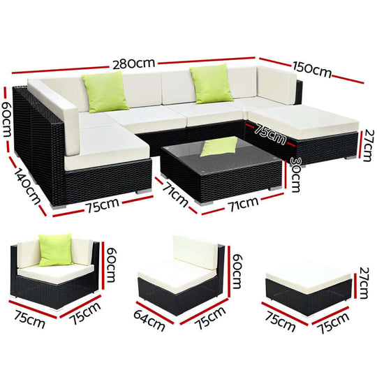 Gardeon 7-Piece Outdoor Sofa Set measurements, including sectional couch and glass top table, perfect for affordable luxury.