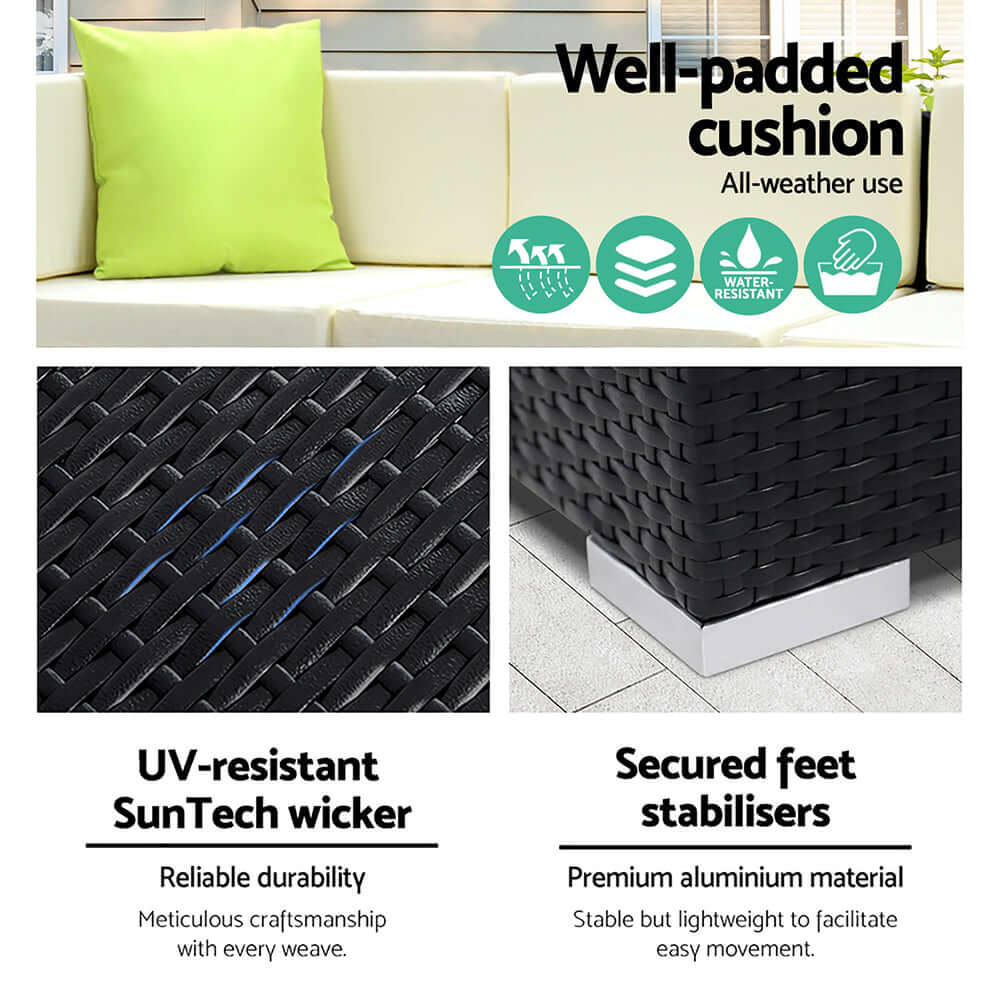 Gardeon outdoor furniture features well-padded cushions, UV-resistant wicker, and secured aluminum feet for durability and comfort.