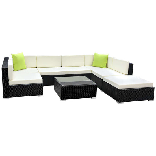 Gardeon 8-piece affordable outdoor sofa set with white cushions and green accents, featuring a glass-top table.