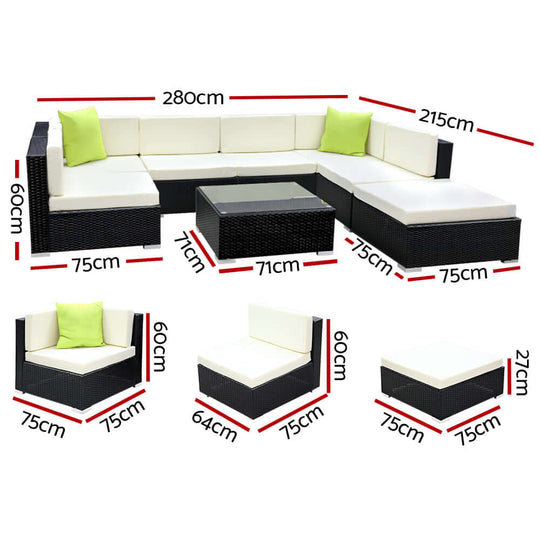 Gardeon 8-Piece Outdoor Sofa Set dimensions diagram with measurements in cm for affordable luxury seating.