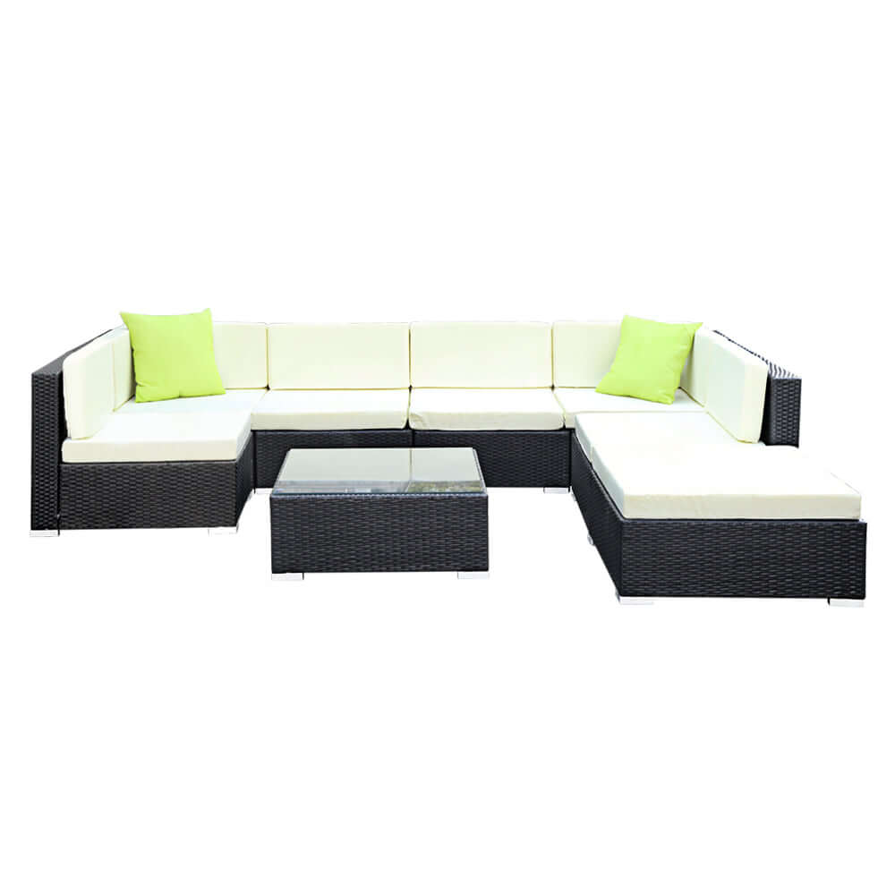 Gardeon 8-Piece Outdoor Sofa Set, affordable wicker couch with green cushions, stylish and durable for outdoor leisure.