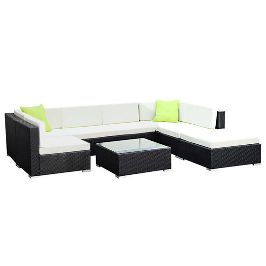 Gardeon 8-piece outdoor sofa set in wicker with white cushions and green accents, perfect for affordable luxury lounge settings.