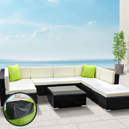 Affordable Gardeon 8-piece outdoor sofa set in stylish wicker with cushions, ideal for luxury outdoor lounging.