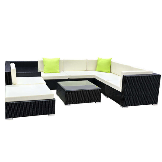 Gardeon 9-piece outdoor sofa set, stylish wicker couch with green cushions, perfect for DIY luxury lounging.