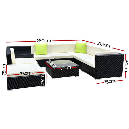 Gardeon 9-piece outdoor sofa set dimensions with black wicker and cream cushions, perfect for affordable luxury.