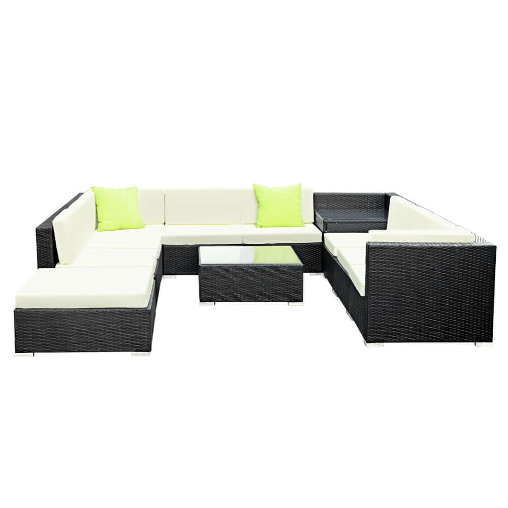 Gardeon 9-Piece outdoor wicker sofa set with green cushions, stylish and durable for luxurious outdoor lounging.