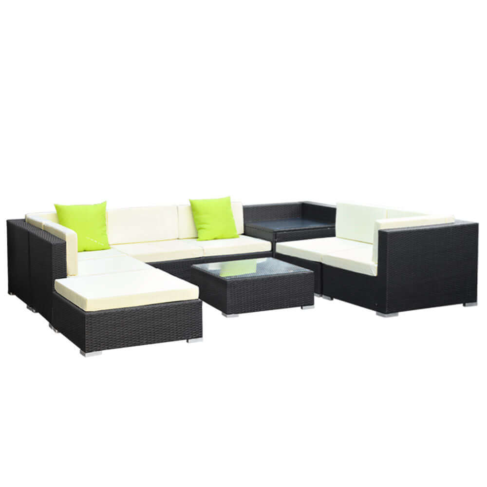 Gardeon 9-Piece Outdoor Sofa Set in black and cream with green cushions, perfect for affordable luxury in any weather.