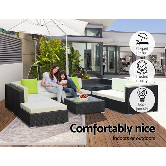 Gardeon 9-piece outdoor wicker sofa set, elegant design for indoor or outdoor comfort with eco-friendly materials.