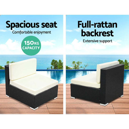 Gardeon outdoor lounge chair with spacious seat and full-rattan backrest, supports 150kg for comfortable leisure.