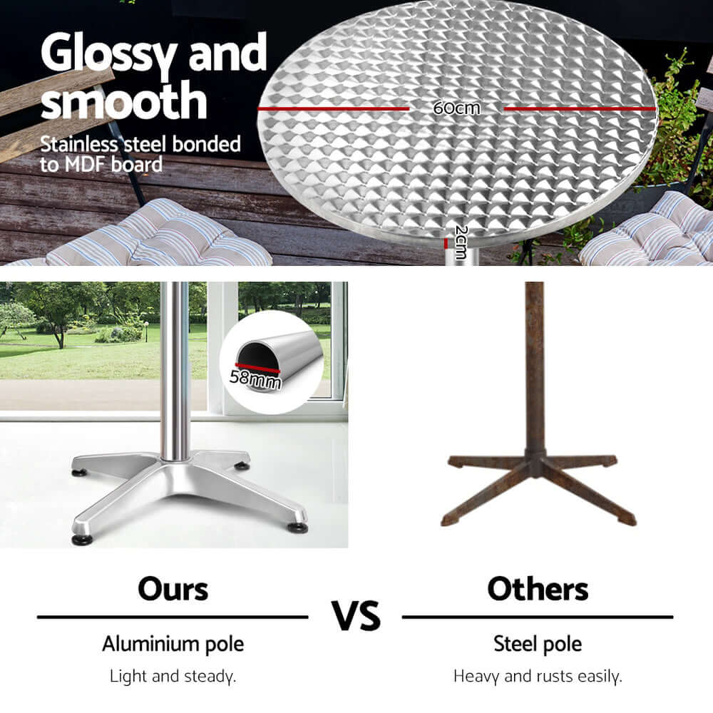 Comparison of Gardeon outdoor bar table features: glossy stainless steel top, sturdy aluminum pole, vs. steel poles of others.