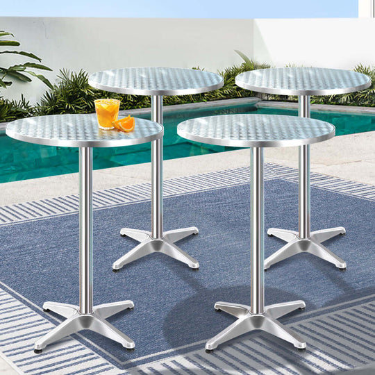 Set of 4 affordable stainless steel outdoor bar tables, adjustable heights, perfect for entertaining in style.