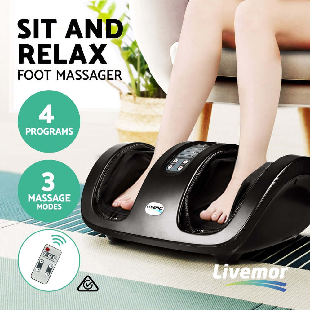 Livemor electric foot massager with remote, featuring 4 programs and 3 massage modes for a relaxing DIY experience.